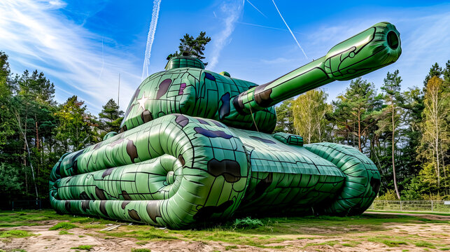 Large inflatable tank sitting on top of lush green field.