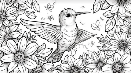 Obraz premium A monochromatic illustration depicts a hummingbird soaring over a meadow filled with daisies