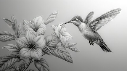   Black-and-white image of a hummingbird drinking nectar from a flowering tree's branch, surrounded by blooms