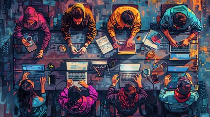 Bring the concept of teamwork to life through a high-angle view depiction of a study group in a digital pixel art style, focusing on vibrant colors and meticulous details to convey unity and cooperati