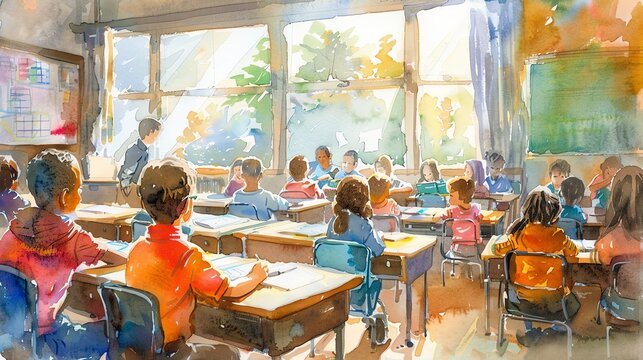 Capture the essence of diversity and inclusion in a side view classroom scene through a colorful watercolor painting Show students of various ethnicities, genders, and abilities engaging in learning a