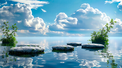 Group of rocks sitting in the middle of body of water under cloudy blue sky. - Powered by Adobe