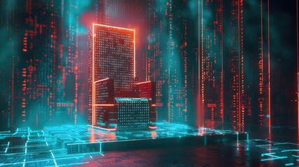 one AI's superiority as it stands illuminated on a digital throne, pulling in data streams from a vanquished AI opponent, emphasizing its reign