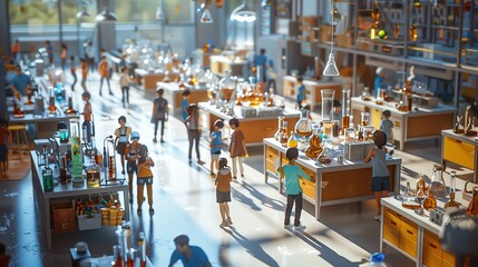 Capture a high-angle view of a bustling STEM science lab, with intricate 3D-rendered scientific equipment and students fully engaged in experiments Blend photorealistic details to convey a dynamic lea - obrazy, fototapety, plakaty