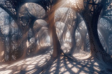 Ethereal wisps of light and shadow cascade over intricate lattice patterns, weaving a hypnotic tapestry