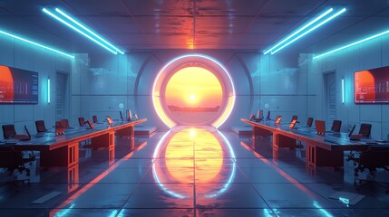 Craft a visually stunning scene of a virtual classroom set in a futuristic world, combining elements of CG 3D rendering and photorealistic techniques to bring the concept of online learning to life In