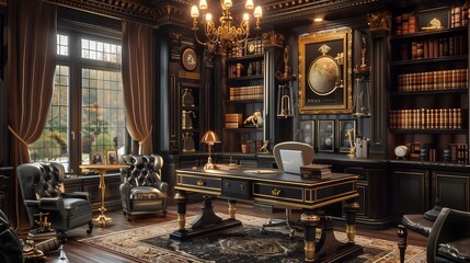 A steampunk-inspired study with brass accents, vintage leather furniture, and Edison bulb lighting.