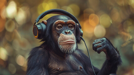Funny monkey listening to headphones