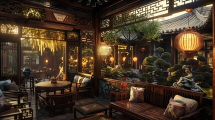 A traditional Chinese tea house with carved wood furniture, silk lanterns, and bonsai trees.