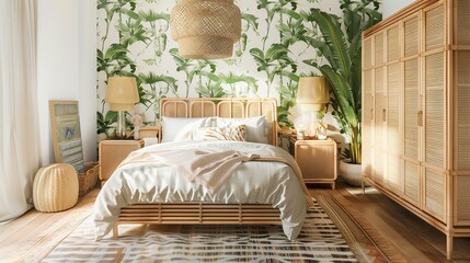 A tropical-themed bedroom with bamboo furniture, palm leaf wallpaper, and rattan accents.