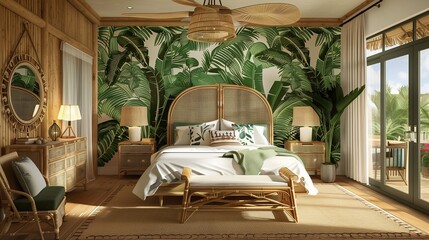 A tropical-themed bedroom with bamboo furniture, palm leaf wallpaper, and rattan accents.