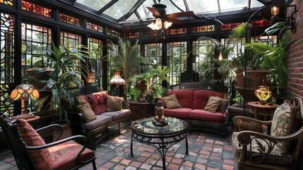 A Victorian greenhouse conservatory with wrought iron furniture, stained glass windows, and exotic plants.