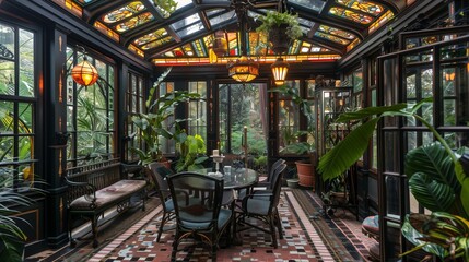 A Victorian greenhouse conservatory with wrought iron furniture, stained glass windows, and exotic plants.