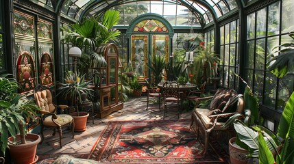 A Victorian greenhouse conservatory with wrought iron furniture, stained glass windows, and exotic plants.