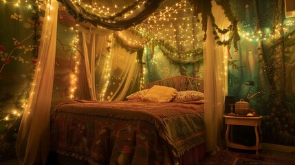 A whimsical fairy tale bedroom with a canopy bed, twinkling string lights, and enchanted forest wallpaper.