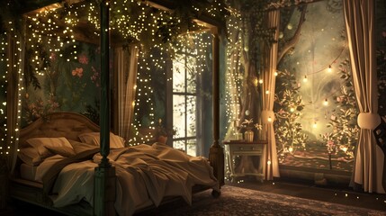 A whimsical fairy tale bedroom with a canopy bed, twinkling string lights, and enchanted forest wallpaper.