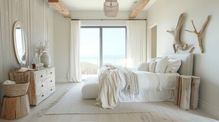 Coastal-inspired bedroom with a whitewashed palette and driftwood accents