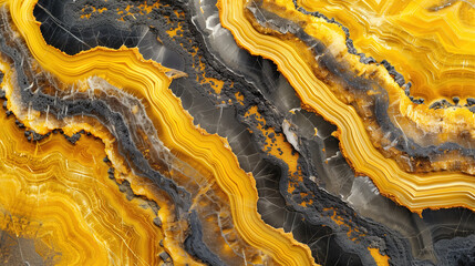 Topaz yellow marble stone with platinum vein. A bright ebony-textured geode wallpaper background