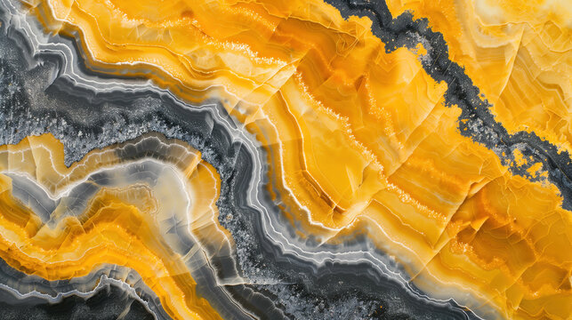 A marble stone of topaz yellow hue streaked with platinum veins. A vibrant ebony-textured geode wallpaper serves as the backdrop