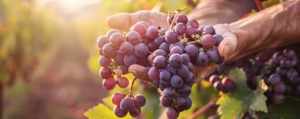Hand tenderly holding a bunch of ripe grapes in a sunlit vineyard, showcasing the beauty and bounty of harvest time. - obrazy, fototapety, plakaty