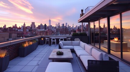 Obraz premium Contemporary rooftop terrace with sleek furniture and city skyline backdrop