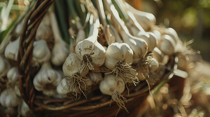 Garlic harvest in the garden close-up