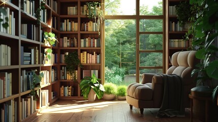 Fototapeta premium Cozy reading nook with a comfortable armchair and floor-to-ceiling bookshelves