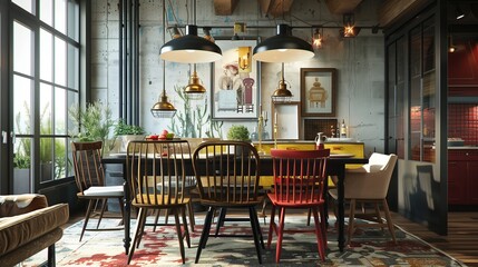 Fototapeta premium Eclectic dining room with mismatched chairs and vintage lighting fixtures