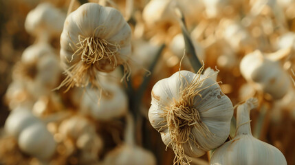 Garlic harvest in the garden close-up