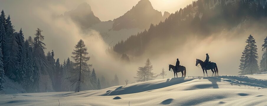 Cowboy leading horses in snowy landscape. banner