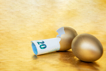 golden egg with European euro banknotes 20, concept of subsidies and financing from EU funds enrichment and wealth	