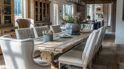 Elegant dining room with a rustic farmhouse table