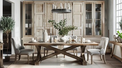 Elegant dining room with a rustic farmhouse table