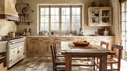 French country kitchen with distressed cabinetry and a farmhouse table