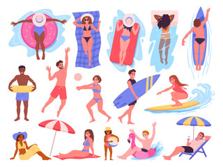 People on summer beach. Pool or sandy beach activities, characters in swimwear sunbathing, swimming on inflatable rings, relaxing under sun flat vector illustration set. Summer vacation pastime - obrazy, fototapety, plakaty