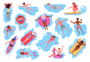 People swimming in ocean or pool. Summer sea vacation, characters floating on inflatable rings, diving and swimming flat vector illustration set. Cartoon people playing in water