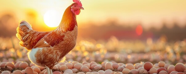 A majestic han or chicken oversees a clutch of eggs nestled in hay against the backdrop of a radiant sunrise on a farm.