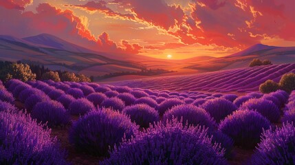 rural lavender fields, sunset, vibrant purple hues , DALL-E 2