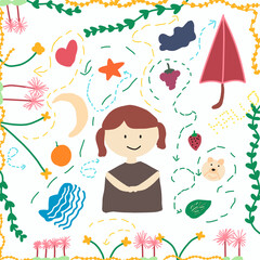 children drawing girls and natural objects and fruits