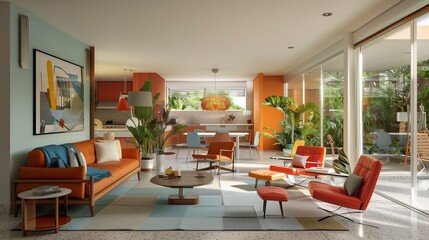 Mid-century modern living room with iconic furniture and bold colors