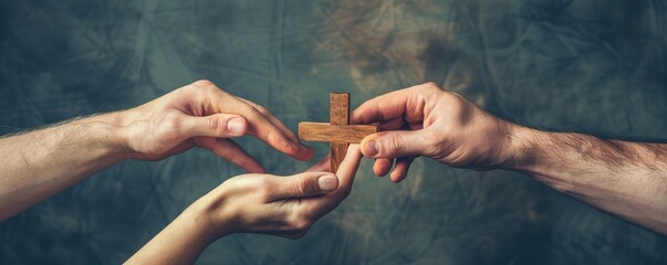 Hand passing wooden cross to another. banner