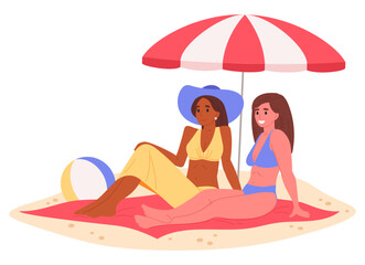 Women sunbathing on beach. Girls in swimsuit relaxing under umbrella, beautiful ladies on summer holiday vacation flat vector illustration. Females on beach