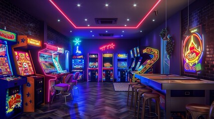 Retro-themed game room with arcade machines and neon signage
