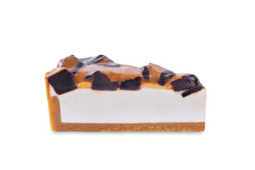 Caramel brownie cheesecake on a white isolated background