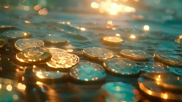 Glistening golden cryptocurrency coins on a water backdrop with light reflections. Wealth submerged in water. Concept of financial growth, money, abundance, economic fluidity, monetary gain. Motion
