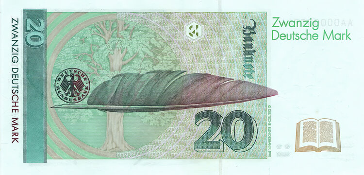 20 zwanzig deutsche Mark Rückseite historisch alt Geldschein Banknote Währung Gebrüder Grimm Bundesbank Frankfurt Deutschland Bundesrepublik