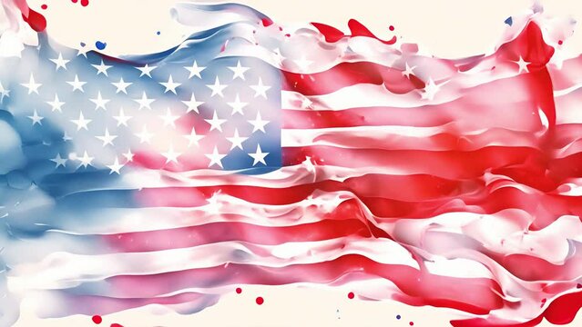 Abstract American flag with watercolor splashes. Fluid blend of red, white, and blue. Creative USA flag. Concept of patriotism, American culture, freedom symbolism. Banner with copy space. Motion.