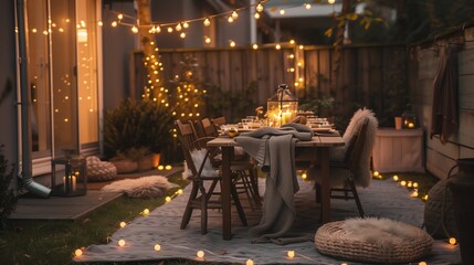Scandinavian-inspired outdoor dining area with string lights and cozy blankets