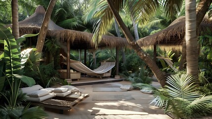 Tropical outdoor oasis with palm trees, hammocks, and a thatched roof cabana