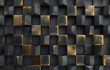 3D render of a black and gold geometric background pattern with cube shapes, in the style of a dark grey wallpaper design for interior decoration, 2048x765px, 9K